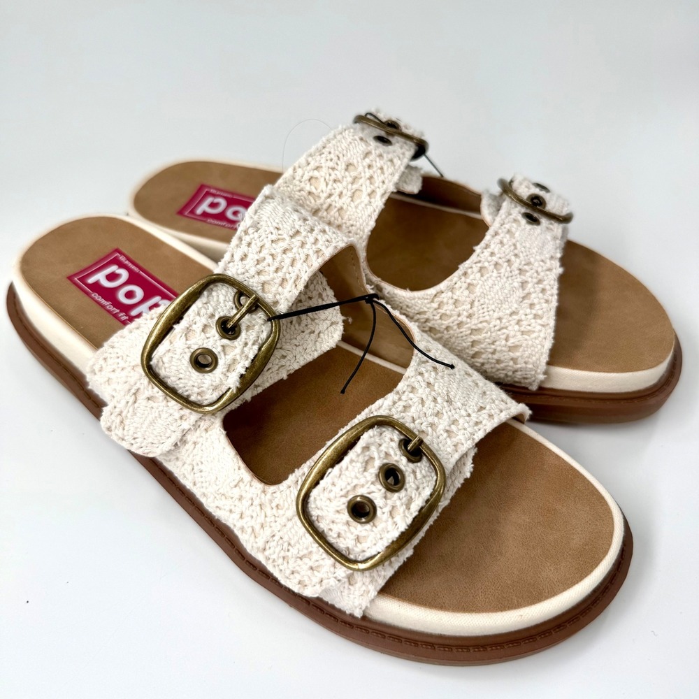 Pop Balance Womens 10 M Light Natural Crochet Double Strap Buckle Slide Sandals